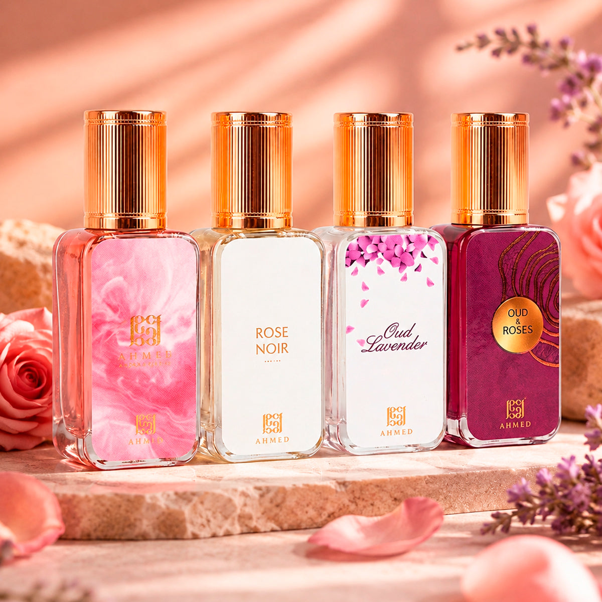Ahmed Al Maghribi Tulum Jungle Prestige Oud & Roses Eau de Parfum 0.5oz + Rose Noir Eau de Parfum 0.5oz + Kaaf Pink Eau de Parfum 0.5oz + Oud Lavander Eau de Parfum 0.5oz Gift Set Unisex