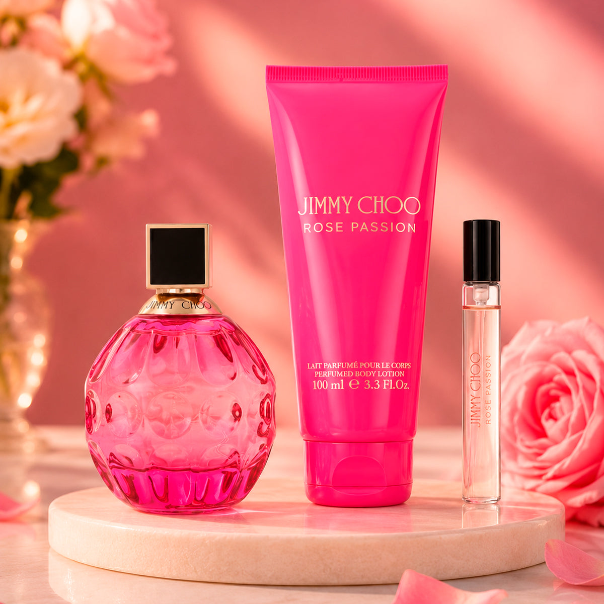 Jimmy Choo Rose Passion Eau de Parfum 3.4oz + Body Lotion 3.4oz + Eau de Parfum 0.25oz Gift Set For Women