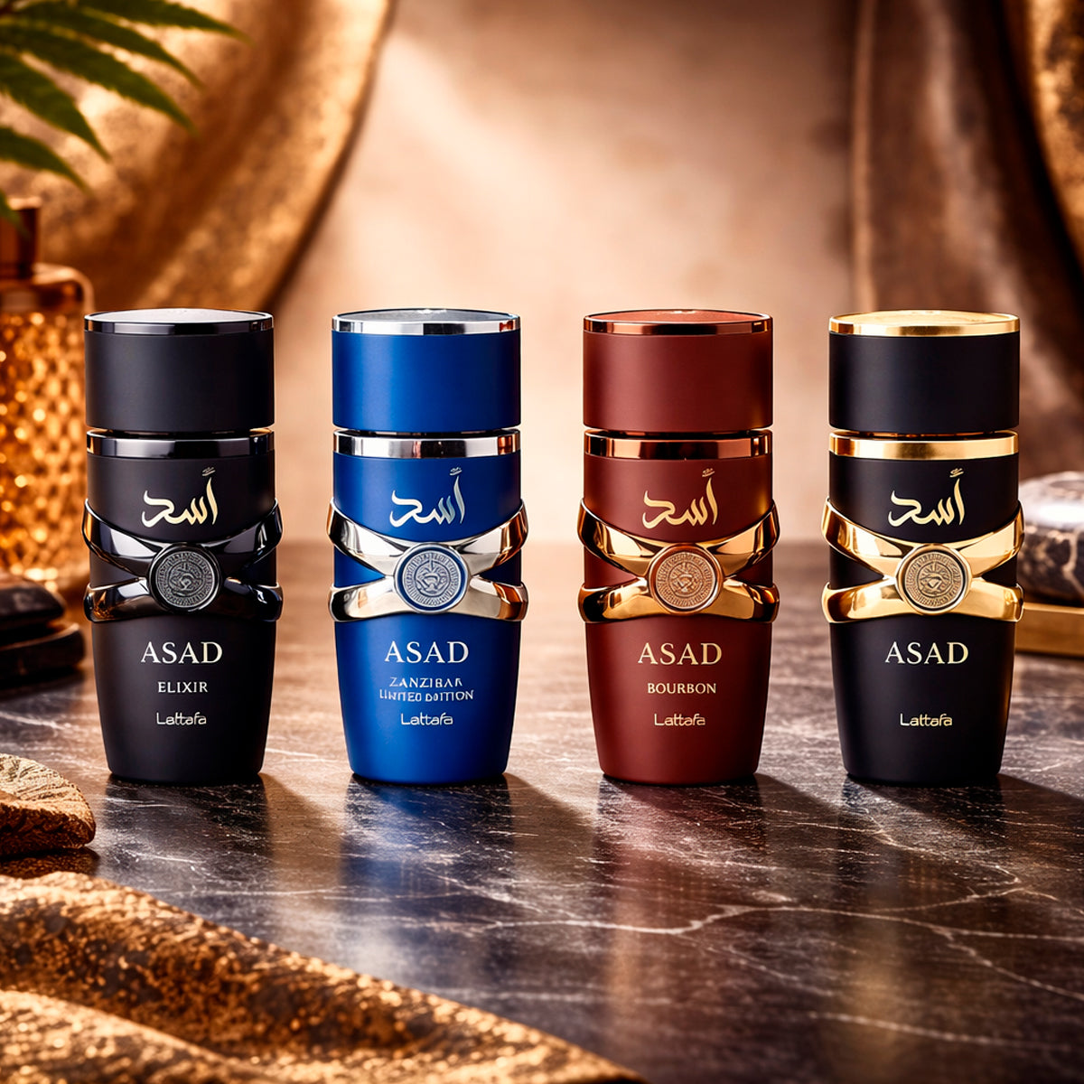 Lattafa Asad Collection Asad Eau de Parfum 0.84oz + Elixir Eau de Parfum 0.84oz + Bourbon Eau de Parfum 0.84oz + Zanzibar Eau de Parfum 0.84oz Gift Set For Men