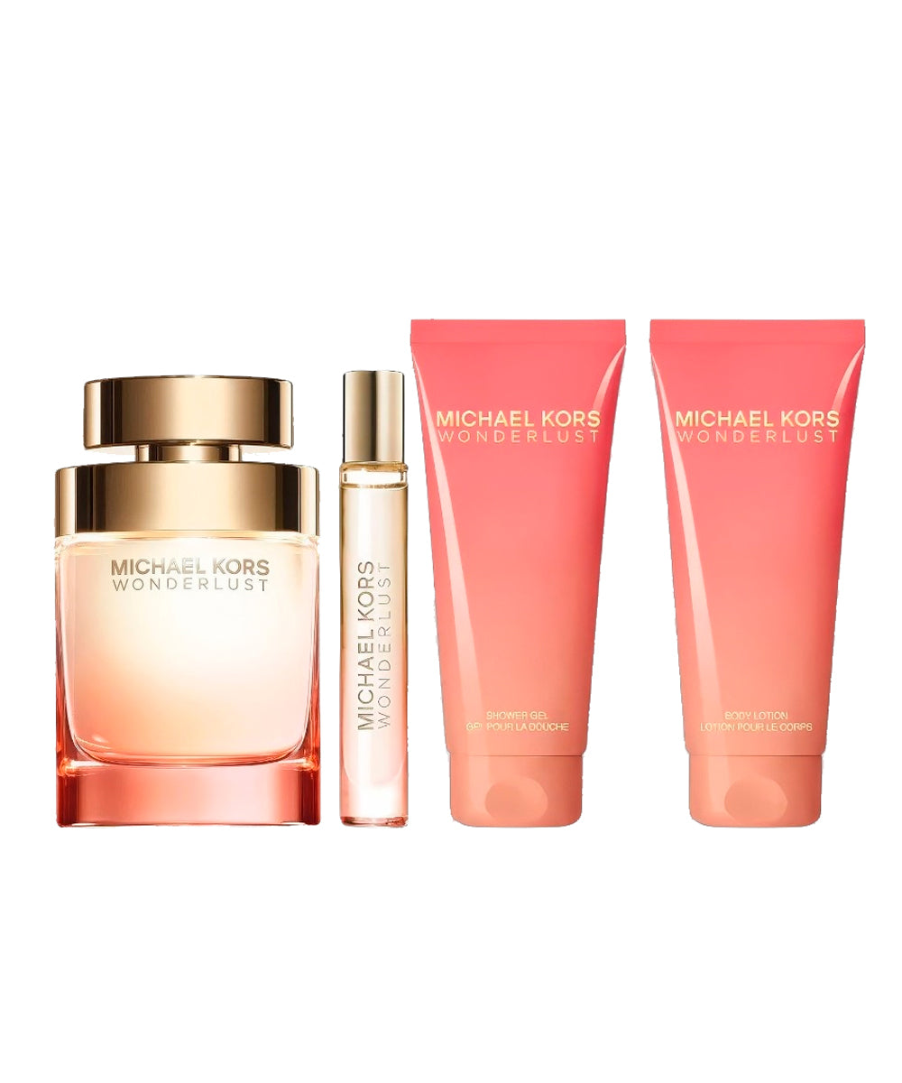 Michael Kors Wonderlust Eau de Parfum 3.4oz + Body Lotion 3.4oz + Shower Gel 3.4oz + Eau de Parfum 0.34oz Gift Set For Women