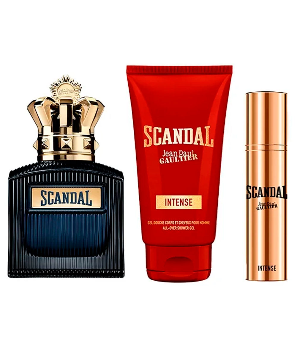 Jean Paul Gaultier Scandal Pour Homme Intense Eau de Perfum 3.4oz + Eau de Perfum 0.34oz + Gel Douche 2.5oz Gift Set For Men