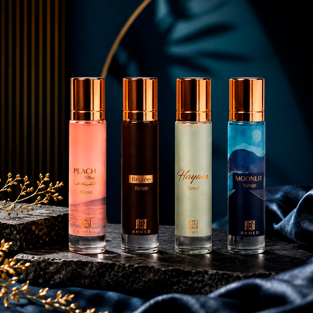 Ahmed Al Maghribi Fragrance Collection For Her Brulee Eau de Parfum 0.5oz + Peach Peach Eau de Parfum 0.5oz + Moonlit Eau de Parfum 0.5oz + Hayana Eau de Parfum 0.5oz Gift Set For Women