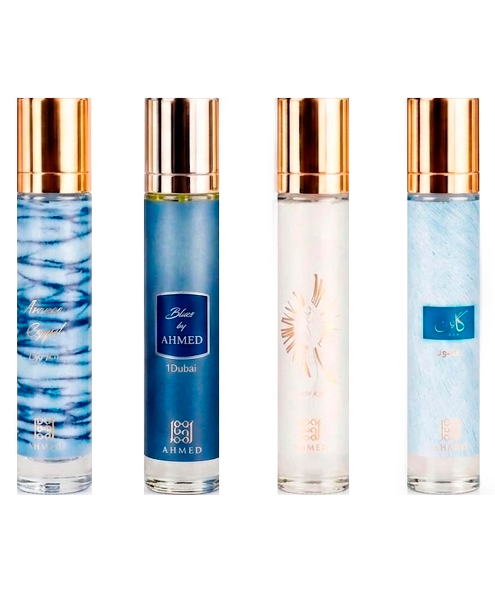 Ahmed Al Maghribi Fragrance Collection For Him Kaaf Eau de Parfum 0.5oz + Azure Royal Eau de Parfum 0.5oz + Blue by Ahmed Eau de Parfum 0.5oz + O'Clock Eau de Parfum 0.5oz Gift Set For Men