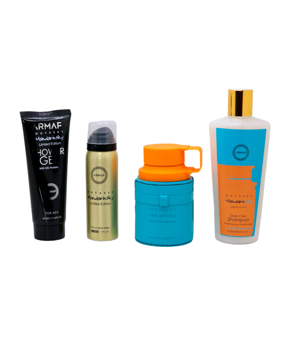 Armaf Odyssey Mandarin Sky Eau De Parfum 3.4oz + Body 1.7oz + Shower Gel 3.4oz + Shampoo 8.4oz Gift Set For Men