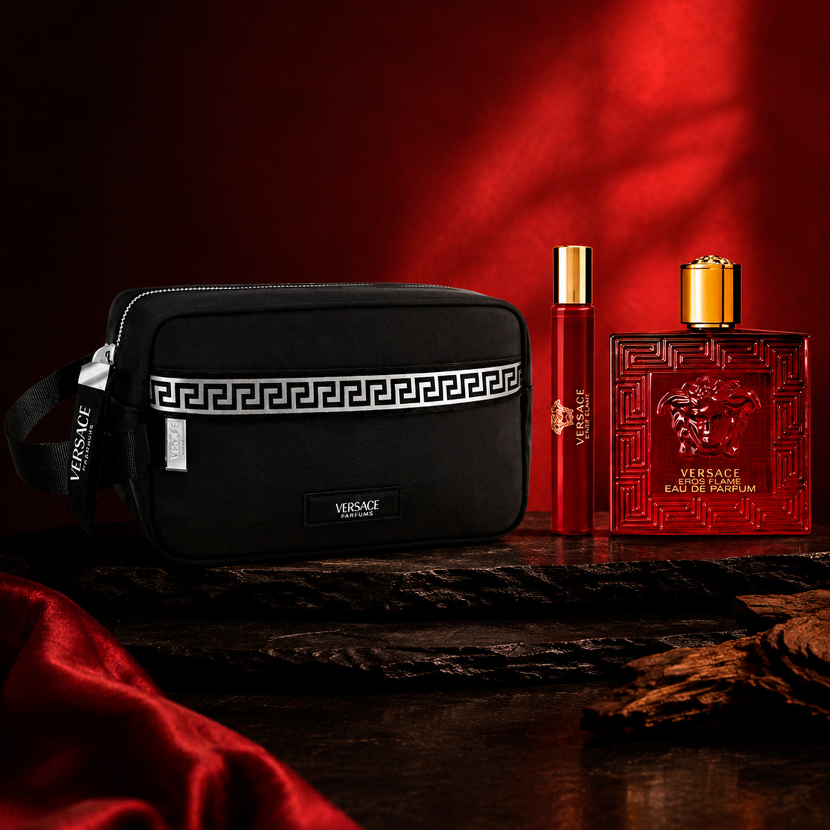 Gianni Versace Eros Flame Eau de Perfum 3.4oz + Eau de Perfum 0.34oz + Travel Case Gift Set For Men
