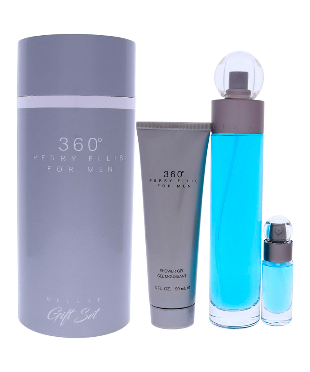 Perry Ellis 360 Eau de Toilette 3.4oz + Body Spray 6oz+ Shower Gel 3oz + Eau de Toilette 0.25oz Gift Set For Men