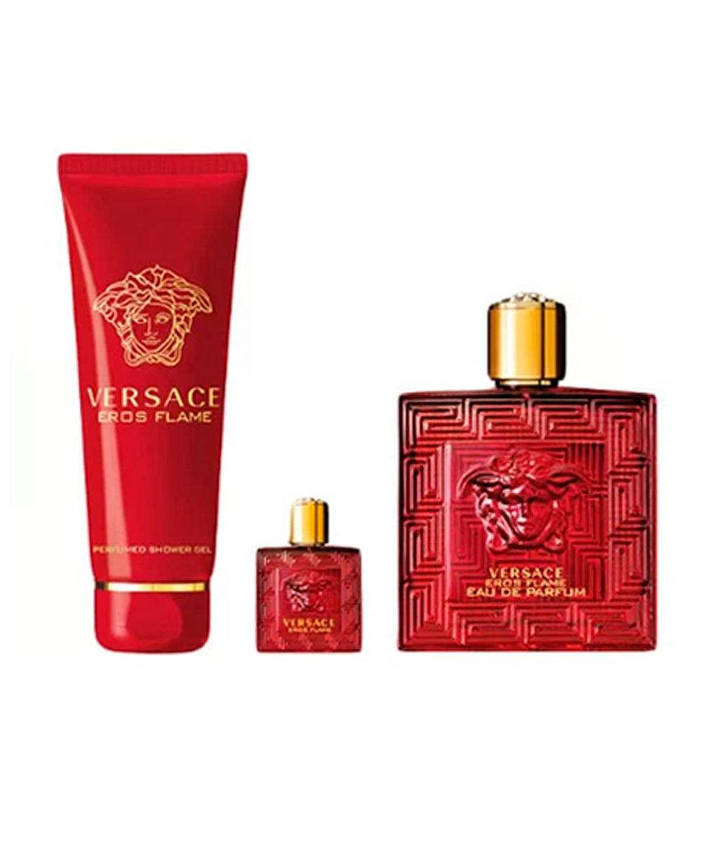 Gianni Versace Eros Flame Eau de Parfum 3.3oz + Eau de Parfum 0.17 + Shower Gel 5oz Gift Set For Men