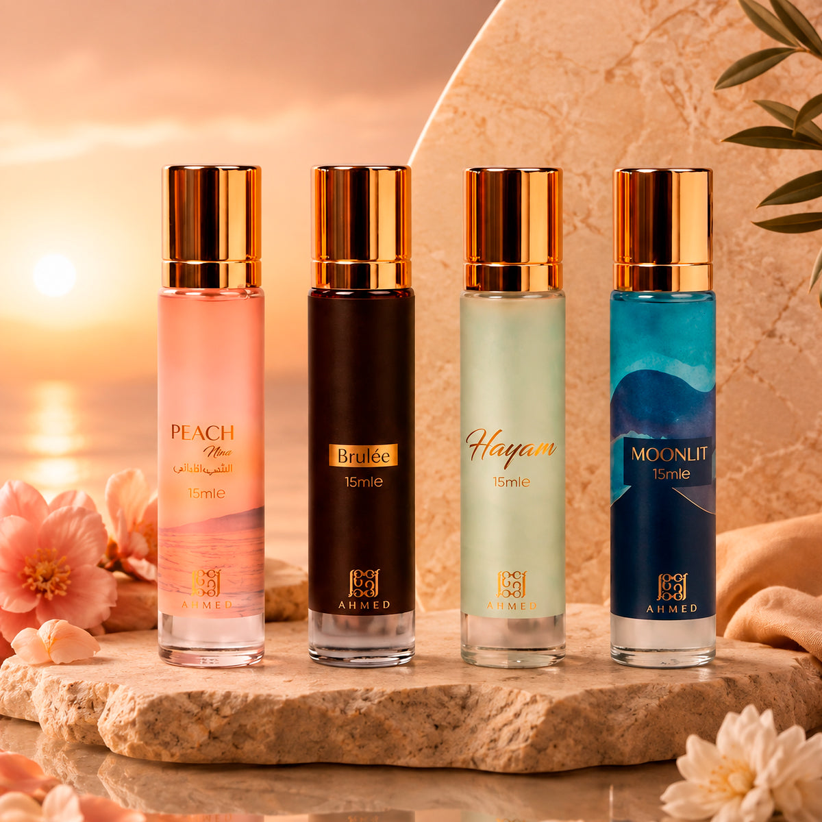 Ahmed Al Maghribi Fragrance Collection For Her Brulee Eau de Parfum 0.5oz + Peach Peach Eau de Parfum 0.5oz + Moonlit Eau de Parfum 0.5oz + Hayana Eau de Parfum 0.5oz Gift Set For Women
