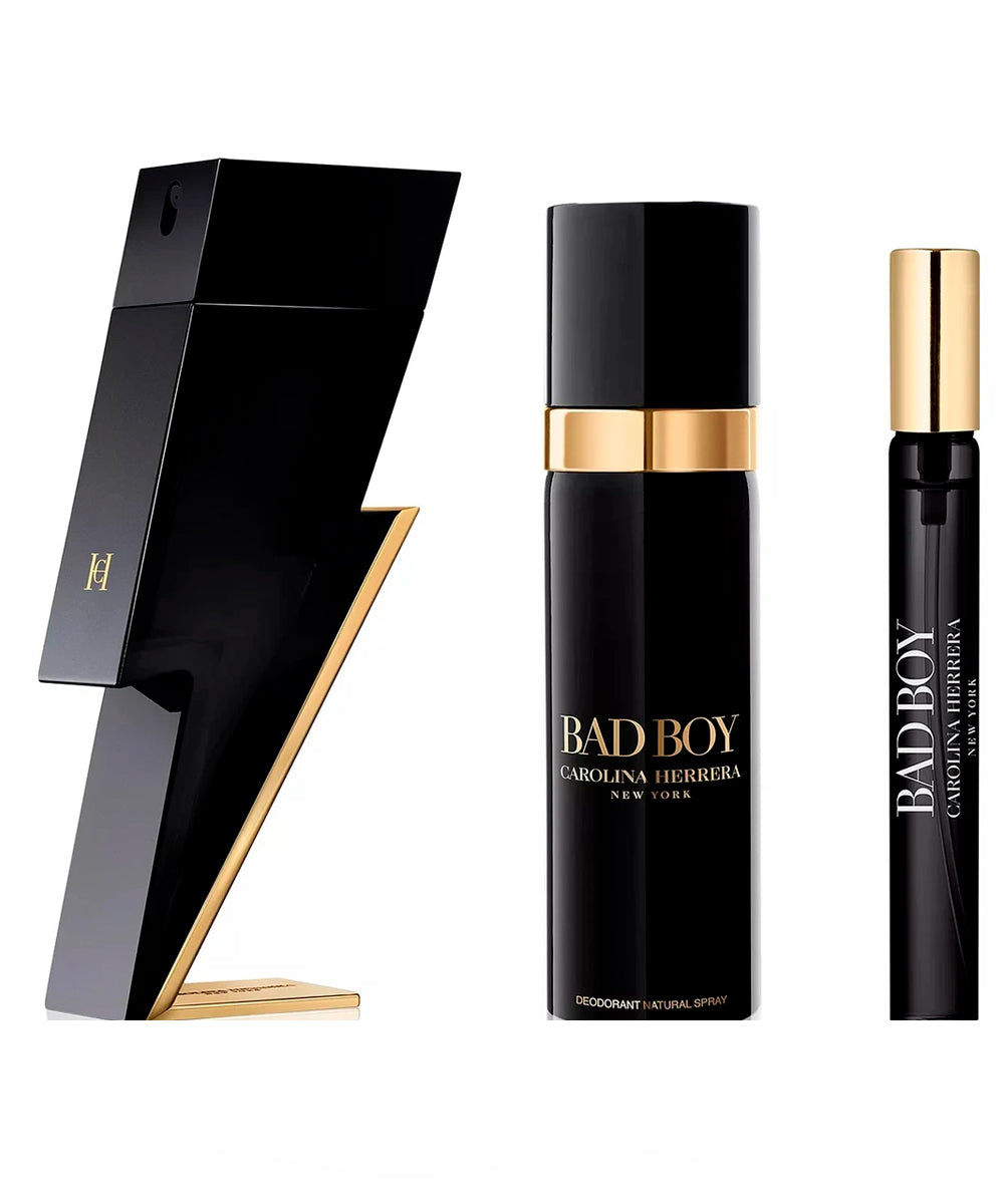 Carolina Herrera Bad Boy Eau de Toilette 3.4oz + Eau de Toilette 0.34oz + Deodorant Spray 3.4oz Gift Set For Men