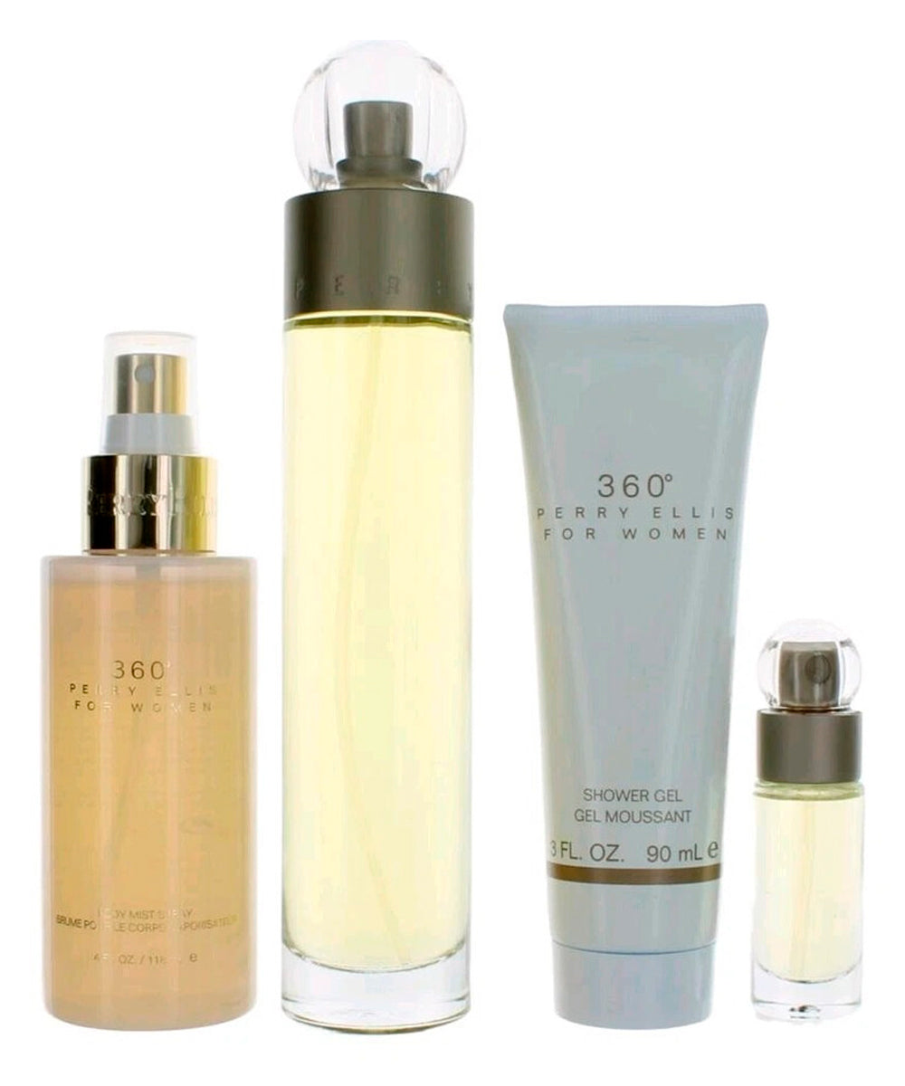 Perry Ellis 360 Eau de Toilette 3.4oz + Body Mist 4oz + Shower Gel 3oz + Eau de Toilette 0.25oz Gift Set For Women