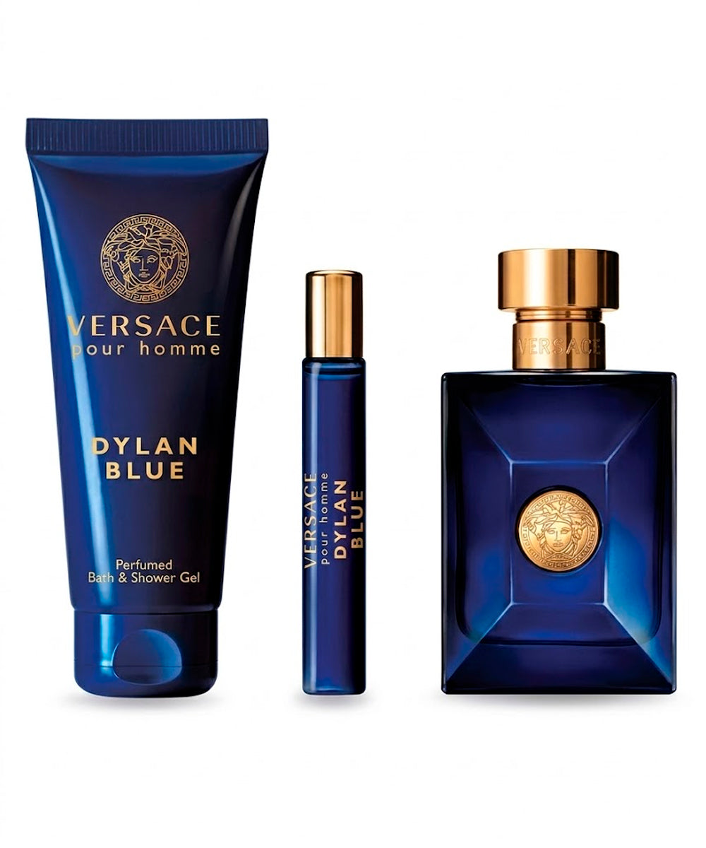 Gianni Versace Dylan Blue Pour Homme Eau de Toilette 3.4oz + Eau de Toilette 0.3oz + Shower Gel 3.4oz Gift Set For Men