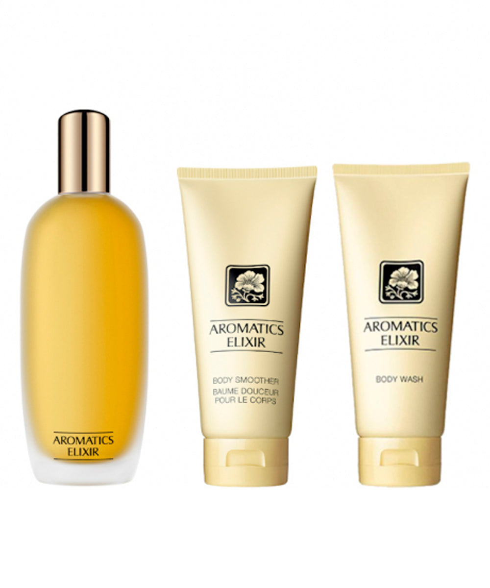 Clinique Aromatics Elixir Perfume 3.4oz + Body Smoother 2.5oz + Body Wash 2.5oz Gift Set for Women (Damage Box)