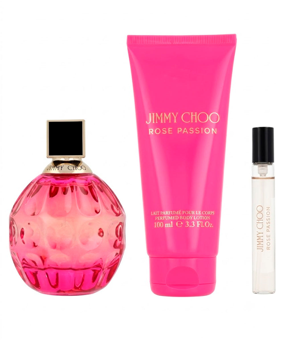Jimmy Choo Rose Passion Eau de Parfum 3.4oz + Body Lotion 3.4oz + Eau de Parfum 0.25oz Gift Set For Women