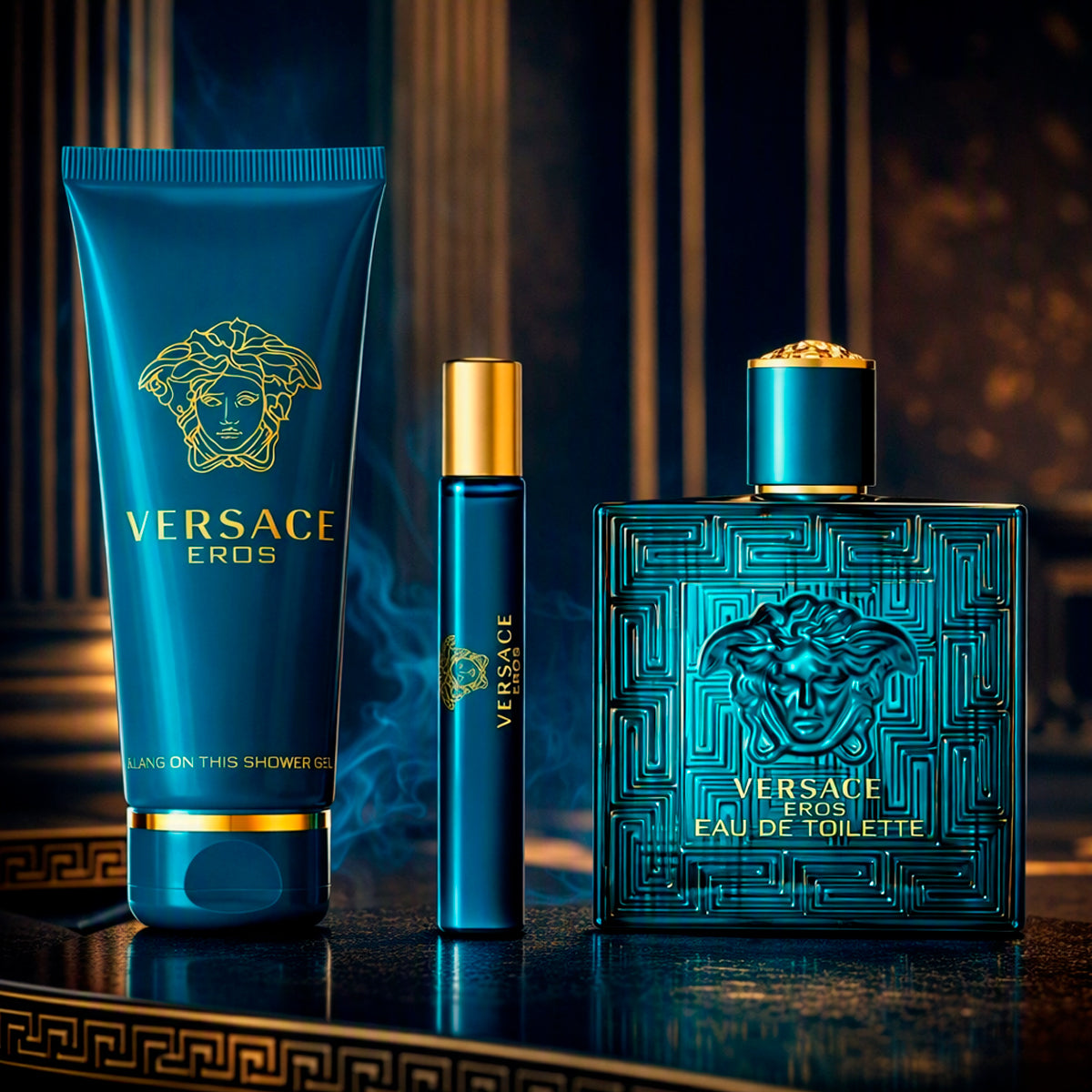 Gianni Versace Eros Pour Home Eau de Toilette 3.4oz + Eau de Toilette 0.17oz + Shower Gel 5oz Gift Set For Men