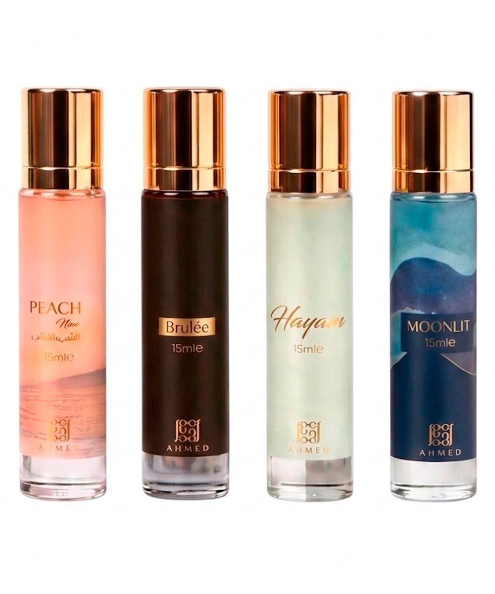Ahmed Al Maghribi Fragrance Collection For Her Brulee Eau de Parfum 0.5oz + Peach Peach Eau de Parfum 0.5oz + Moonlit Eau de Parfum 0.5oz + Hayana Eau de Parfum 0.5oz Gift Set For Women