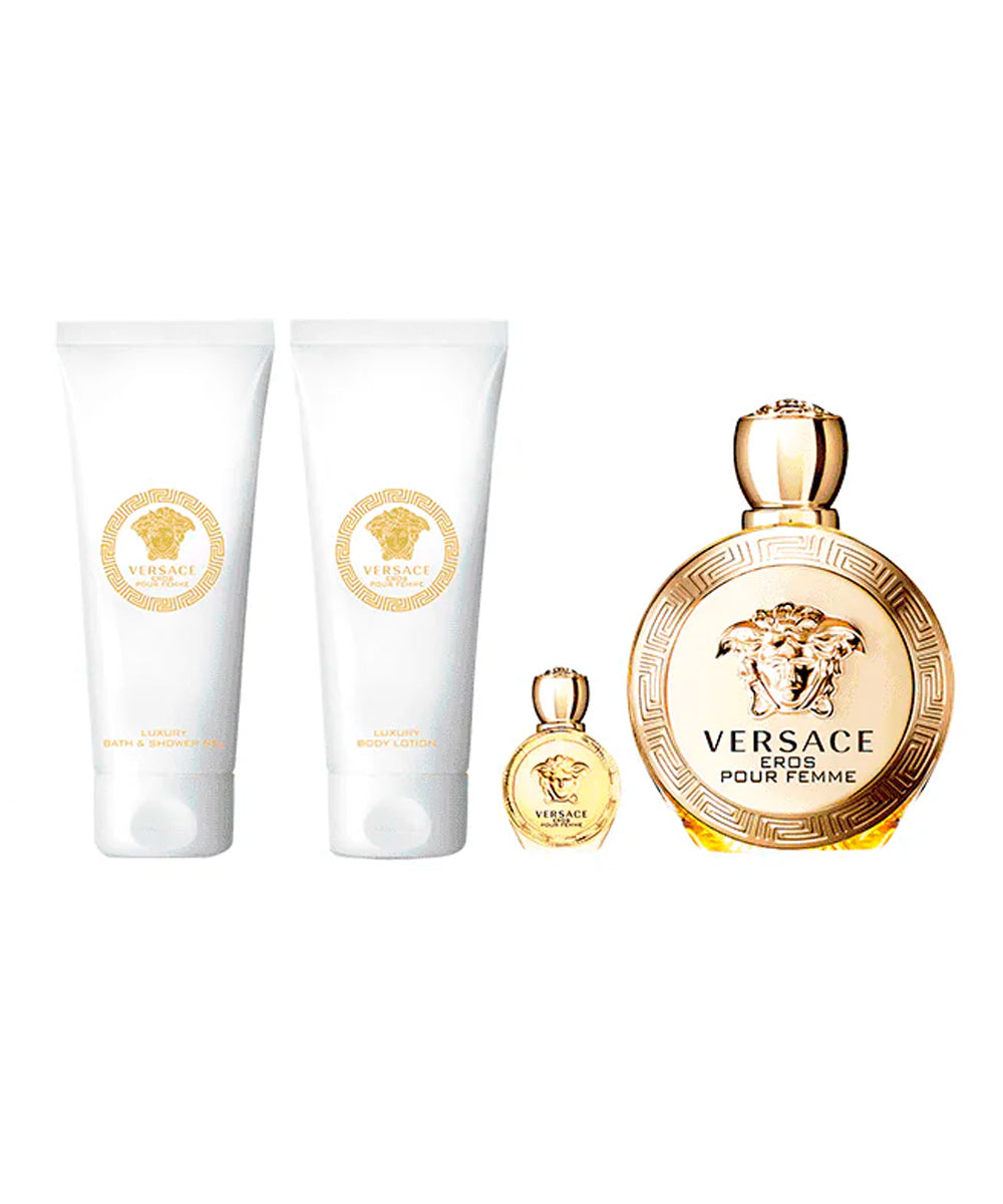 Gianni Versace Eros Pour Femme Eau De Parfum 3.4oz + Body Lotion 3.4oz + Shower Gel 3.4oz +  Eau De Parfum 0.17oz Gift Set For Women