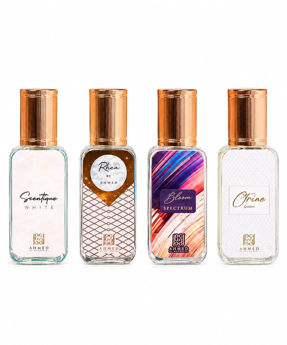 Ahmed Al Maghribi Miami Sunset Luxe Scentique White Eau de Parfum 0.5oz + Rhea by Ahmed Eau de Parfum 0.5oz + Bloom Spectrum Eau de Parfum 0.5oz + Citrine Eau de Parfum 0.5oz Gift SetUnisex