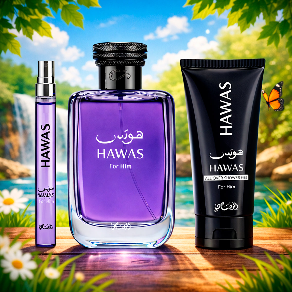 Rasasi Hawas Eau de Parfum 3.4oz + Shower Gel 2oz + Eau de Parfum 0.33oz Gift Set For Men