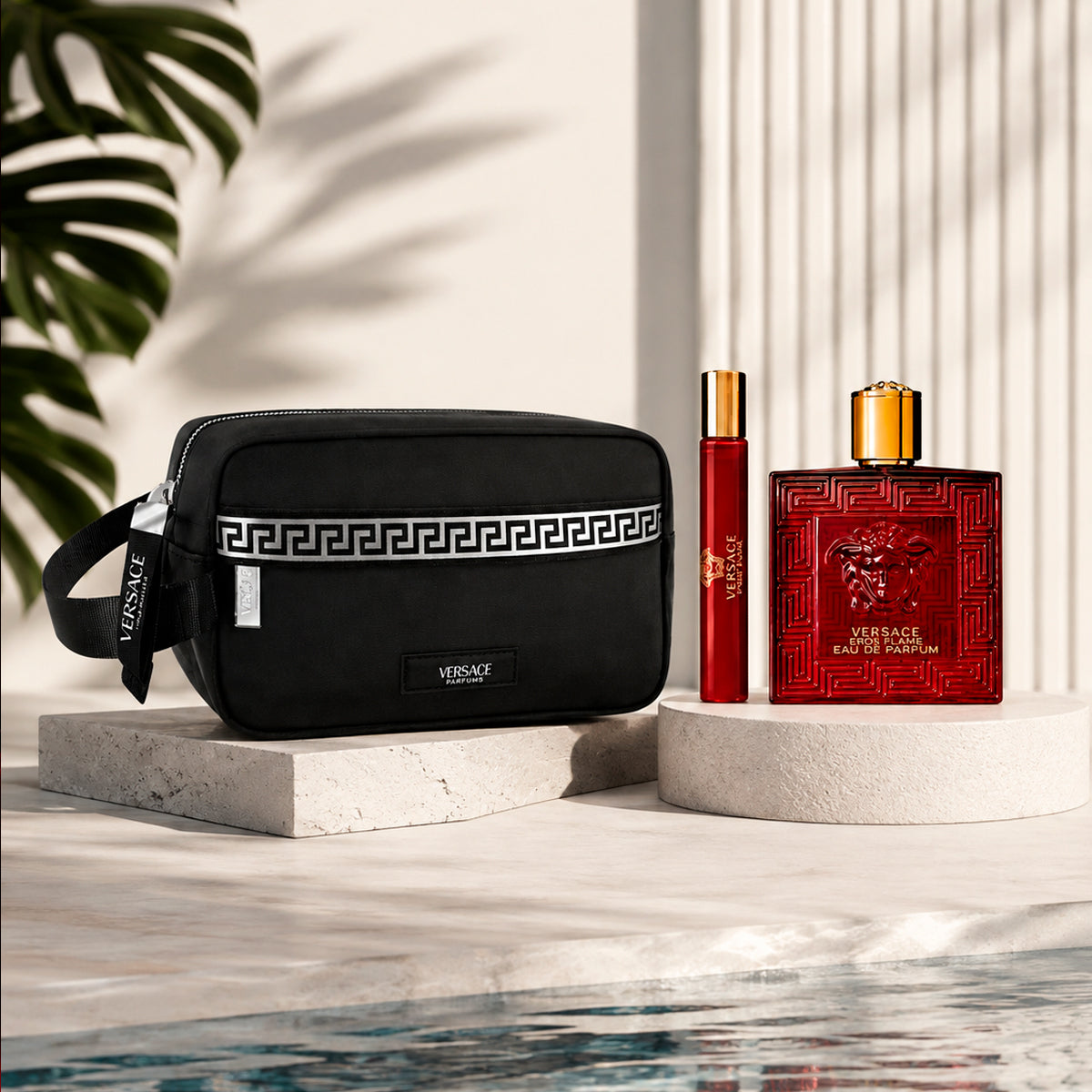 Gianni Versace Eros Flame Eau de Perfum 3.4oz + Eau de Perfum 0.34oz + Travel Case Gift Set For Men
