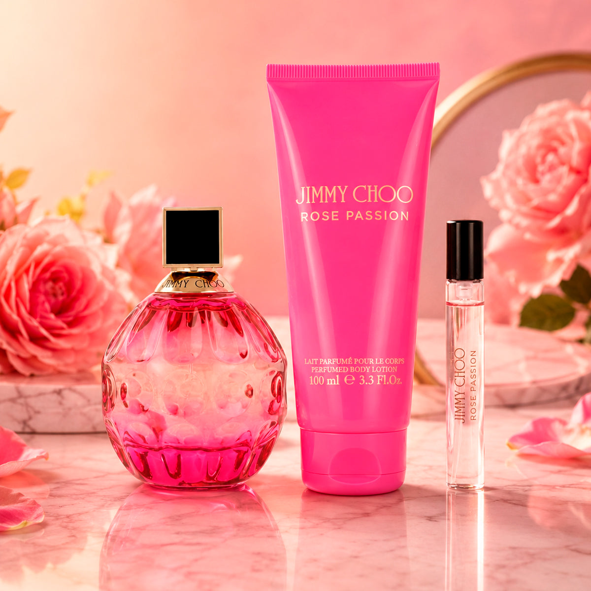 Jimmy Choo Rose Passion Eau de Parfum 3.4oz + Body Lotion 3.4oz + Eau de Parfum 0.25oz Gift Set For Women