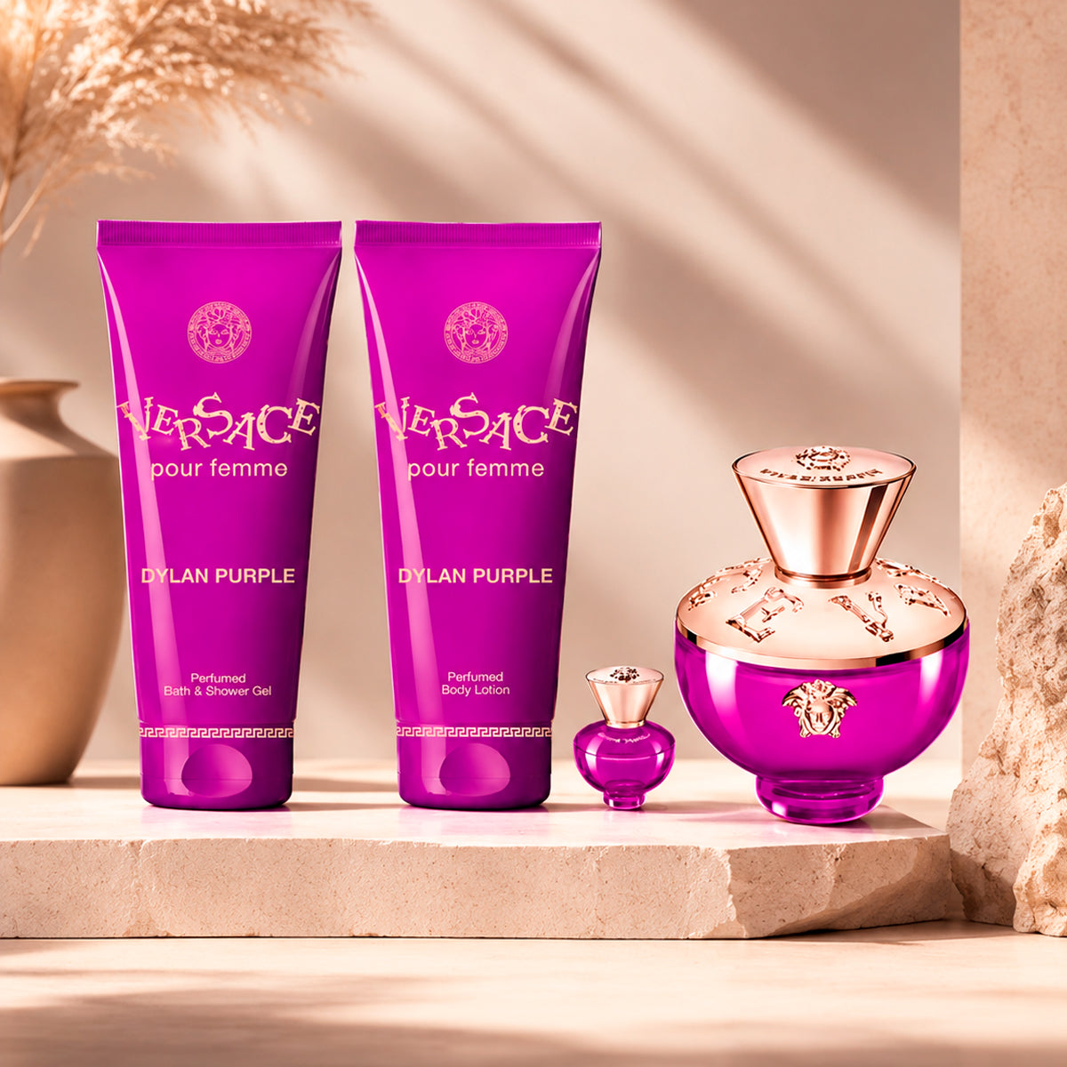 Gianni Versace Dylan Purple Eau de Parfum 3.4oz + Eau de Parfum 0.17oz + Shower Gel 3.4oz + Body Lotion 3.4oz Gift Set For Women