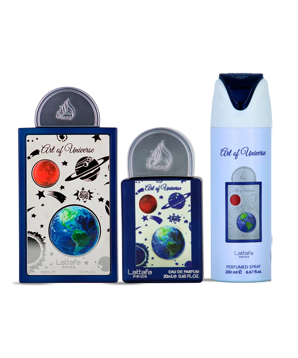 Lattafa Art of Universe Eau de Parfum 3.4oz + Eau de Parfum 0.65oz + Perfumed Spray 6.67oz Gift Set Unisex
