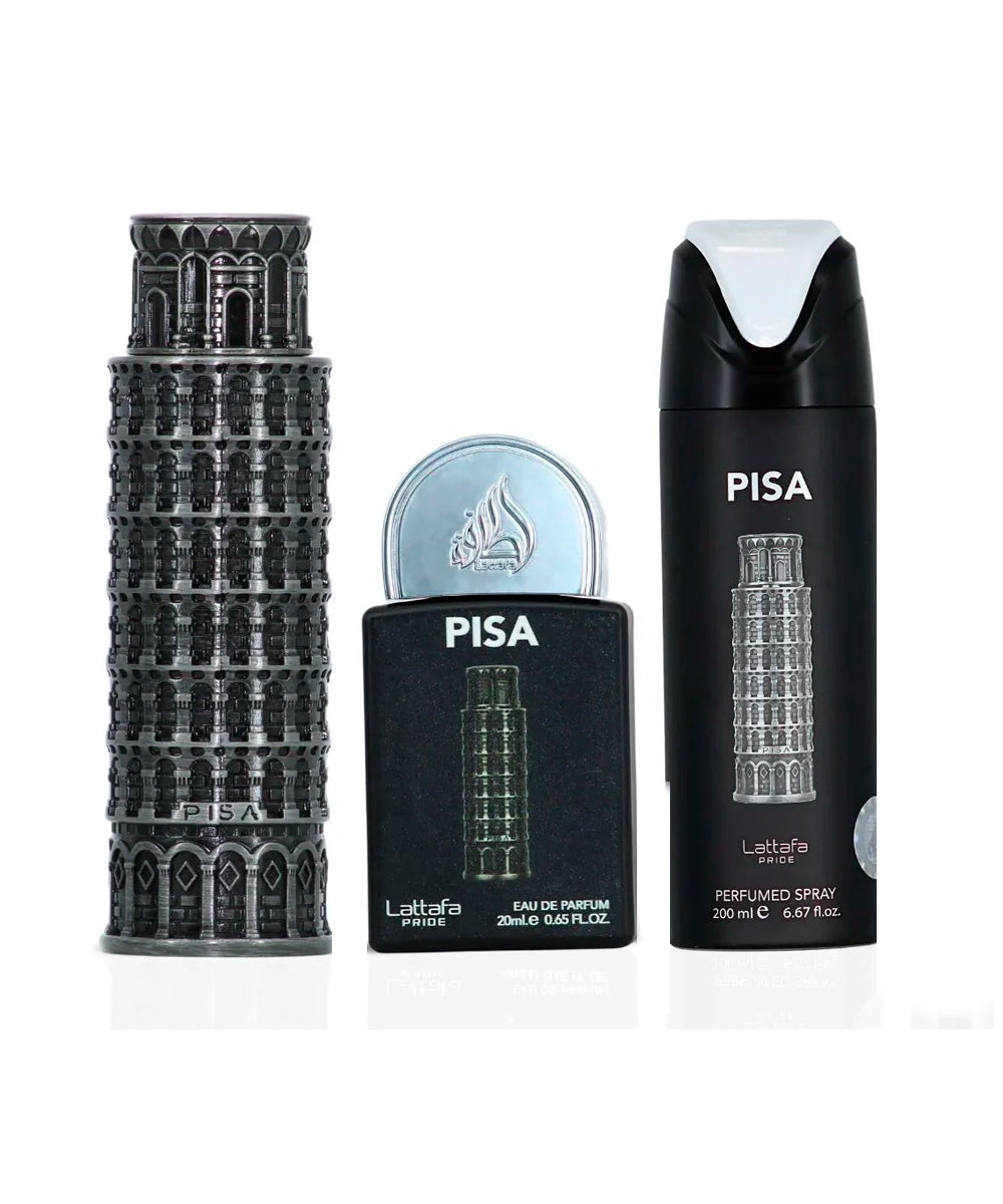 Lattafa Pride Pisa Eau de Parfum 3.4oz + Eau de Parfum 0.65oz + Perfumed 6.67oz Gift Set For Men