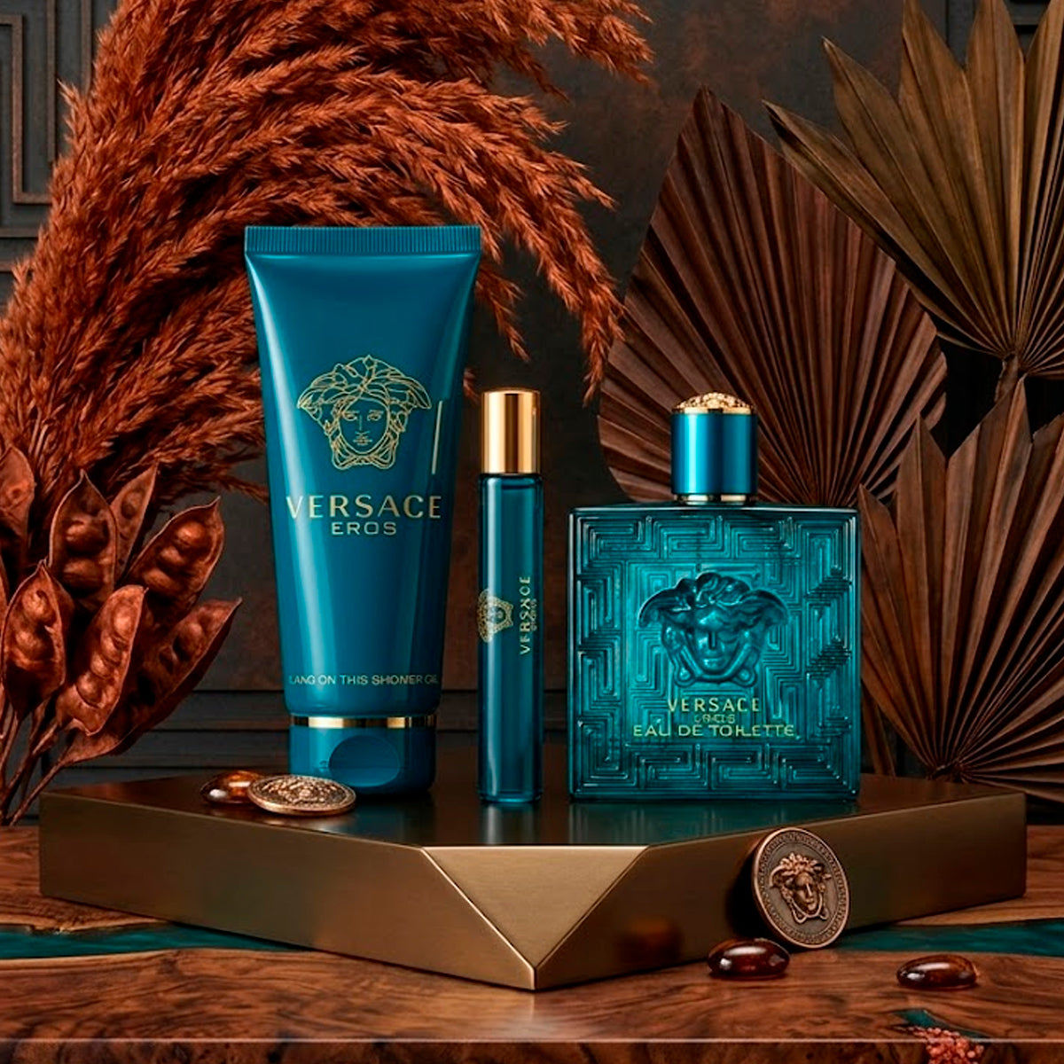 Gianni Versace Eros Pour Home Eau de Toilette 3.4oz + Eau de Toilette 0.17oz + Shower Gel 5oz Gift Set For Men
