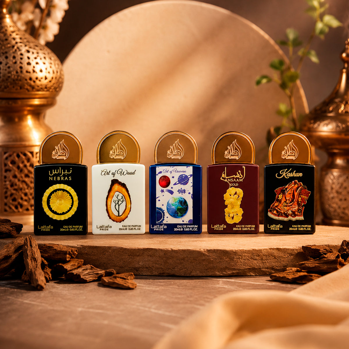 Lattafa Mini Nebras Eau de Parfum 0.68oz + Art of Wood Eau de Parfum 0.68oz + Art of Universe Eau de Parfum 0.68oz + Ansaam Gold Eau de Parfum 0.68oz + Kashan Eau de Parfum 0.68oz Gift Set For Women