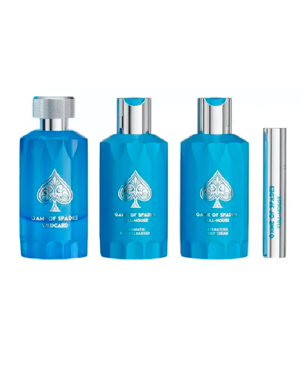 Jo Milano Game of Spades Full House Blue Eau de Parfum 3.4oz + Eau de Parfum 0.34oz + Body Lotion 3.4oz + Shower Gel 3.4oz Gift Set For Men