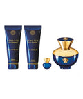 Gianni Versace Dylan Blue Pour Femme Eau De Parfum 3.4oz + Body Lotion  3.4oz + Bath Shower Gel 3.4oz +  Eau De Parfum 0.17oz Gift Set For Women