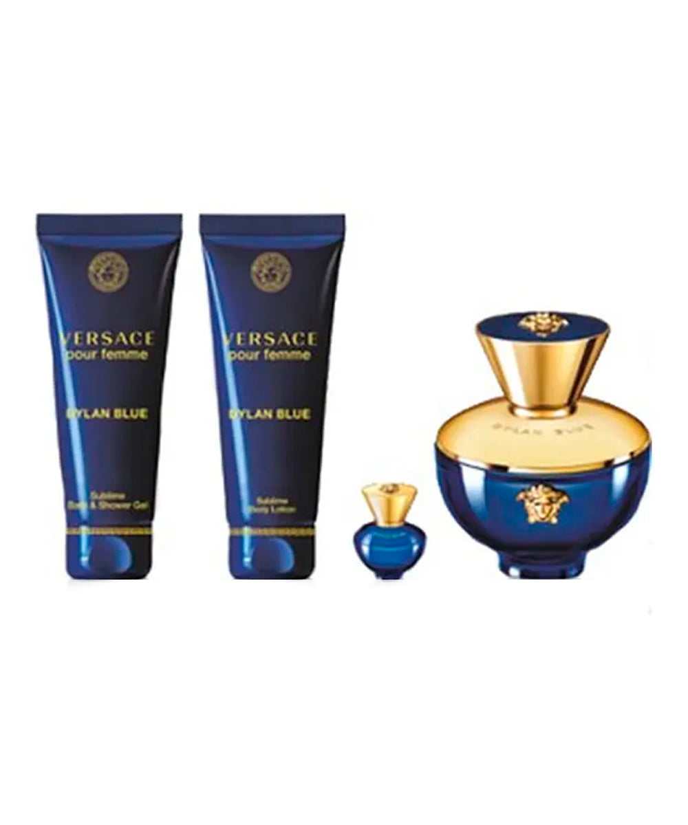 Gianni Versace Dylan Blue Pour Femme Eau De Parfum 3.4oz + Body Lotion  3.4oz + Bath / Shower Gel 3.4oz +  Eau De Parfum 0.17oz Gift Set For Women