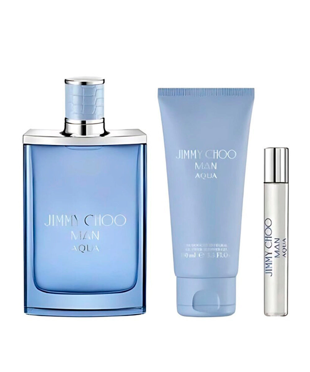 Jimmy Choo Man Aqua Eau De Toilette 3.3oz + Shower Gel 3.3oz + Eau De Toilette 0.25oz Gift Set For Men