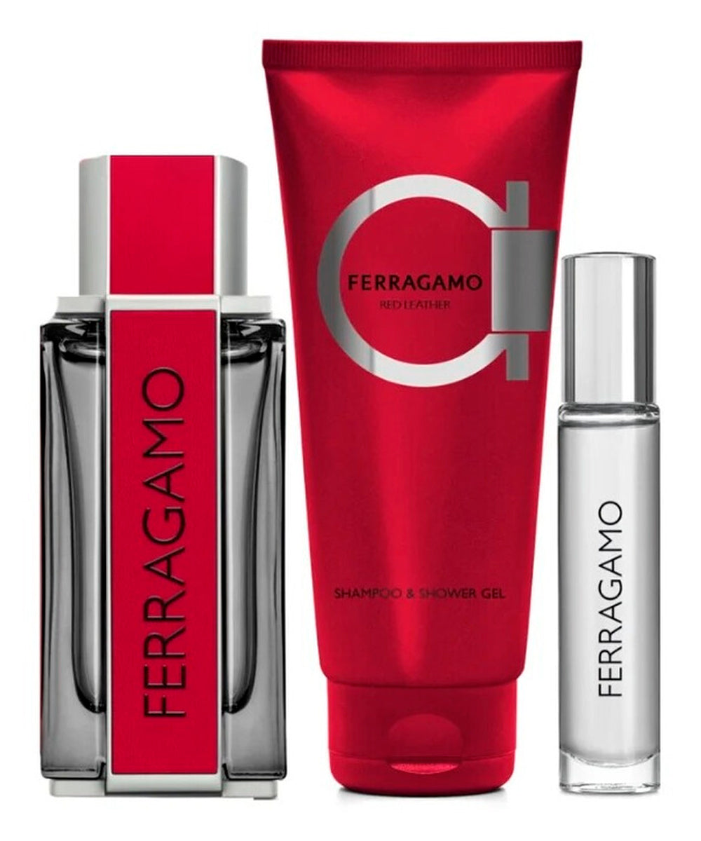 Salvatore Ferragamo Red Leather Eau De Parfum 3.4oz + Shower Gel 3.4oz + Eau De Parfum 0.34oz Gift Set For Men