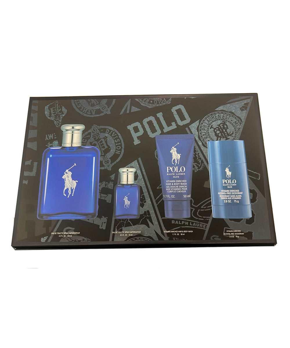 Ralph Lauren Polo Blue Eau de Toilette 4.2oz + Eau de Toilette 0.5oz + Body Wash 1.7oz + Deororant 2.6oz Gift Set For Men
