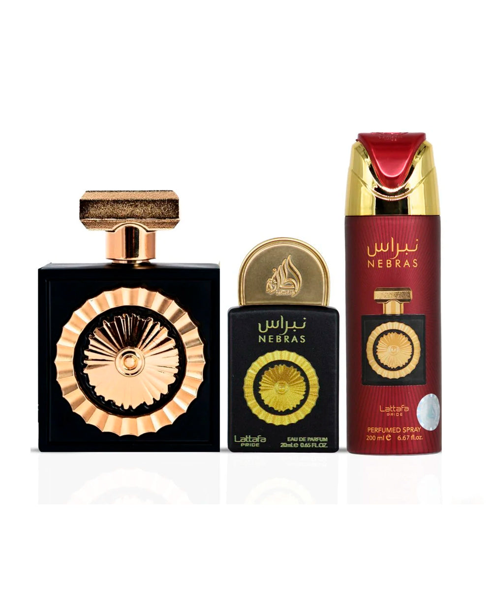 Lattafa Pride Nebras 3.4oz Eau de Parfum + 0.65oz Eau de Parfum + 6.67oz Body Spray Gift Set Unisex