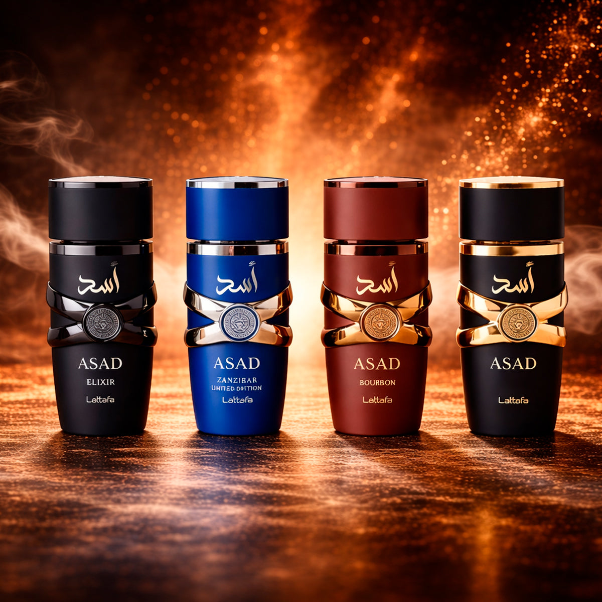 Lattafa Asad Collection Asad Eau de Parfum 0.84oz + Elixir Eau de Parfum 0.84oz + Bourbon Eau de Parfum 0.84oz + Zanzibar Eau de Parfum 0.84oz Gift Set For Men