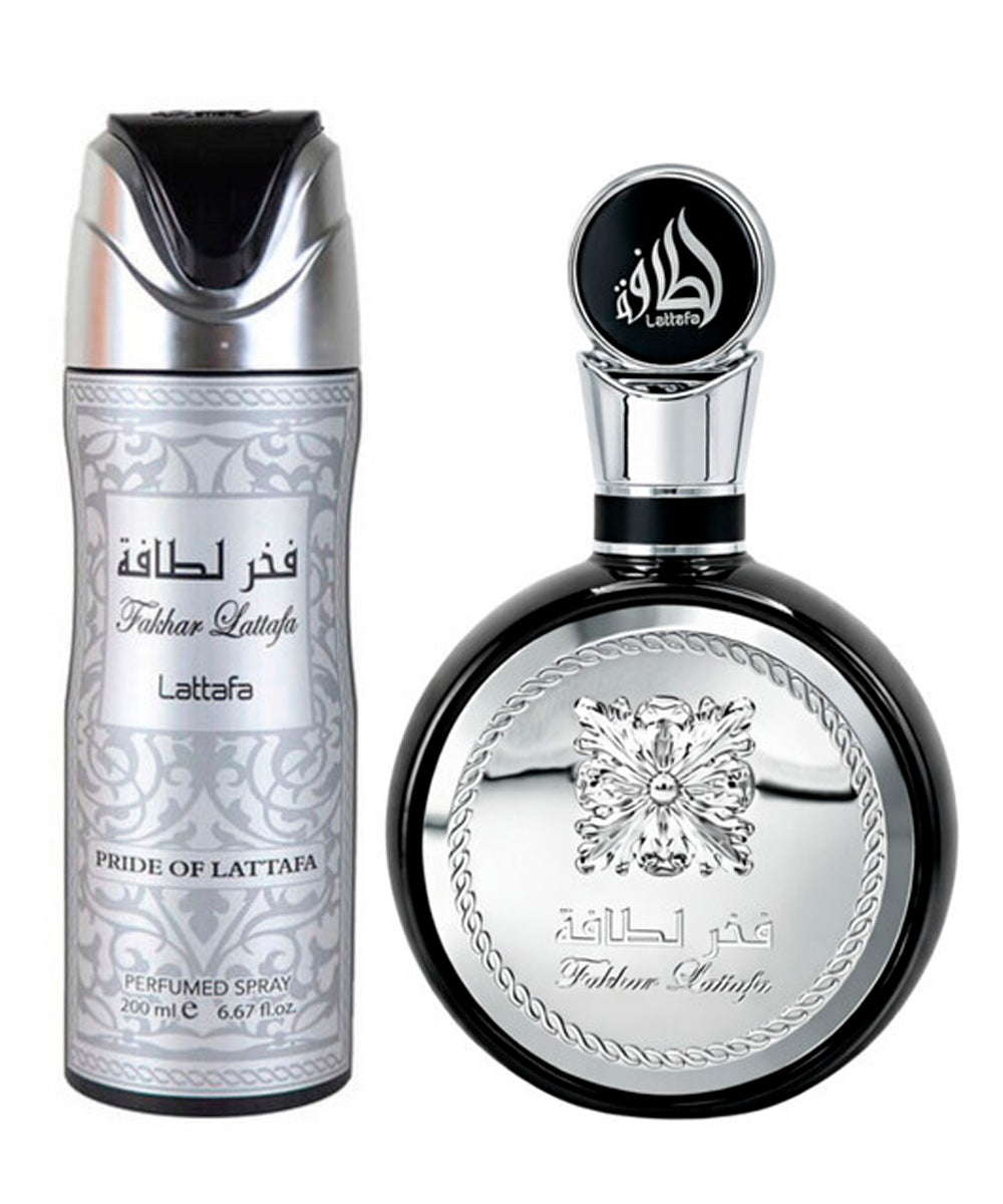 Lattafa Fakhar Silver 3.4oz Eau de Parfum + Deodorant 6.8oz Gift Set for Men