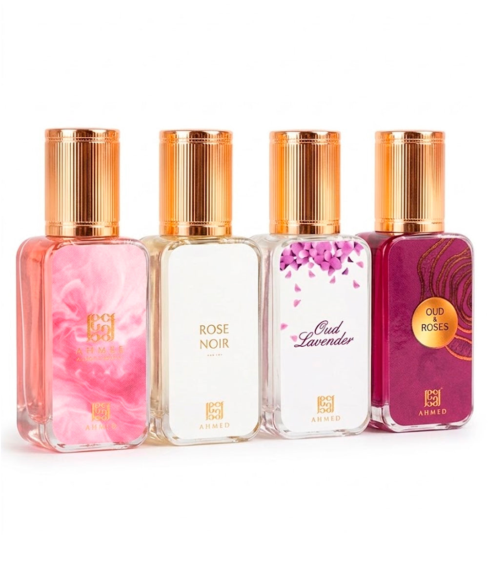 Ahmed Al Maghribi Tulum Jungle Prestige Oud & Roses Eau de Parfum 0.5oz + Rose Noir Eau de Parfum 0.5oz + Kaaf Pink Eau de Parfum 0.5oz + Oud Lavander Eau de Parfum 0.5oz Gift Set Unisex