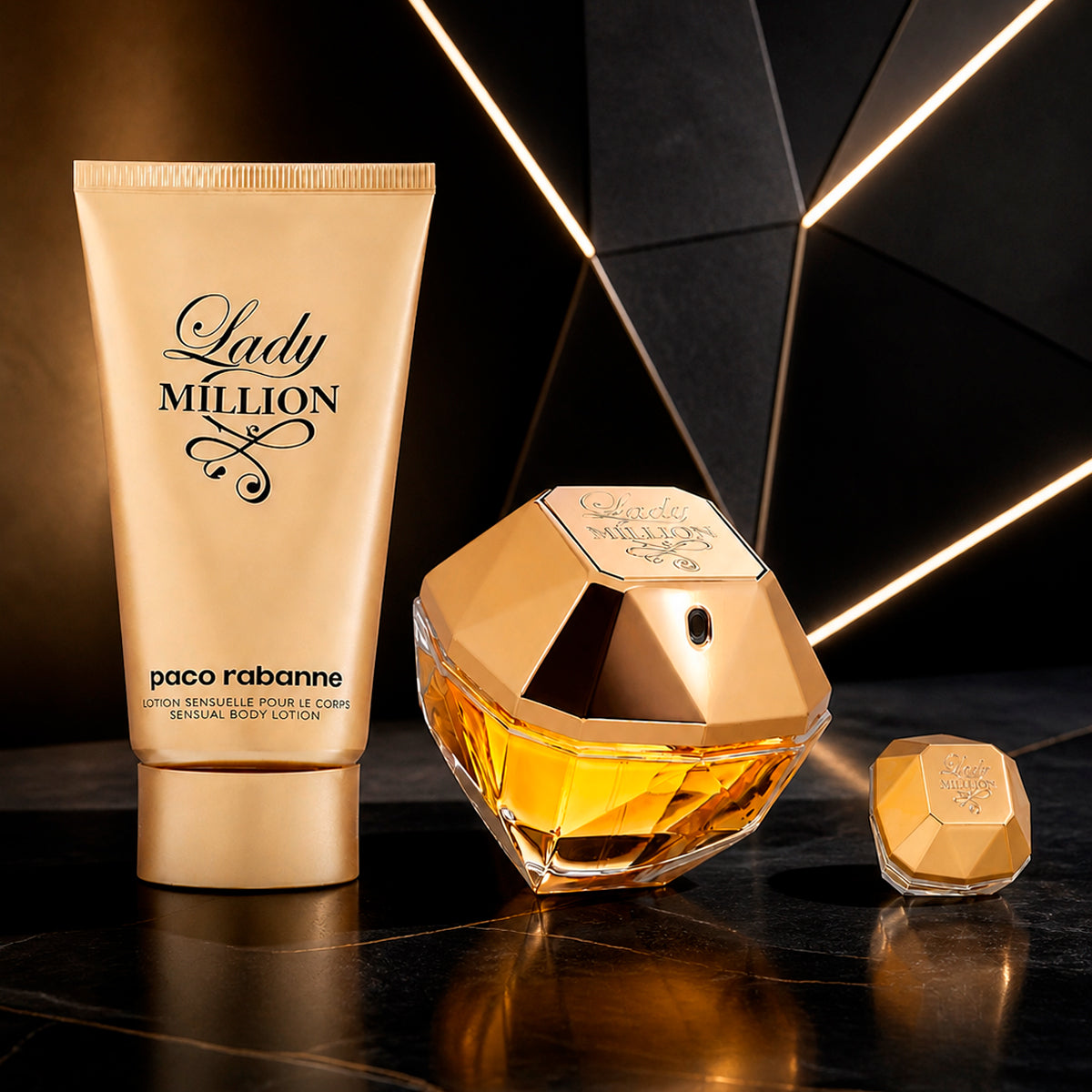 Paco Rabanne Lady Million Eau de Parfum 2.7oz + Eau de Parfum 0.17oz + Body Lotion 3.4oz  Gift Set For Women