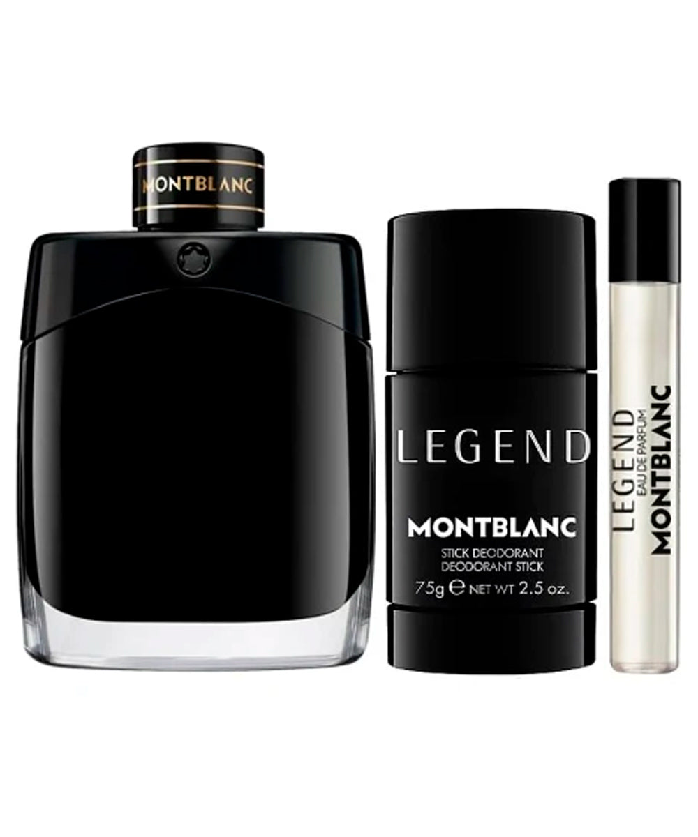 MontBlanc Legend Eau de Parfum 3.3oz + Eau de Parfum 0.25oz + Deodorant Stick 2.5oz Gift Set For Men
