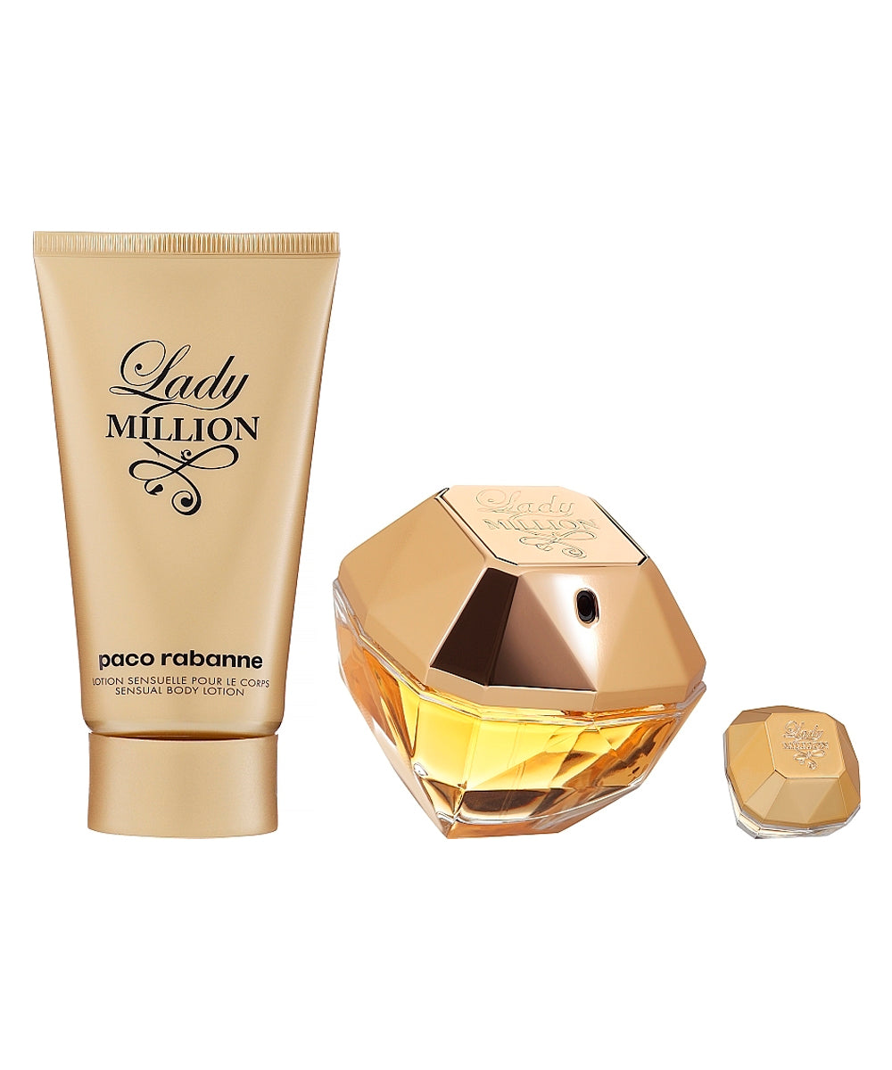 Paco Rabanne Lady Million Eau de Parfum 2.7oz + Eau de Parfum 0.17oz + Body Lotion 3.4oz  Gift Set For Women