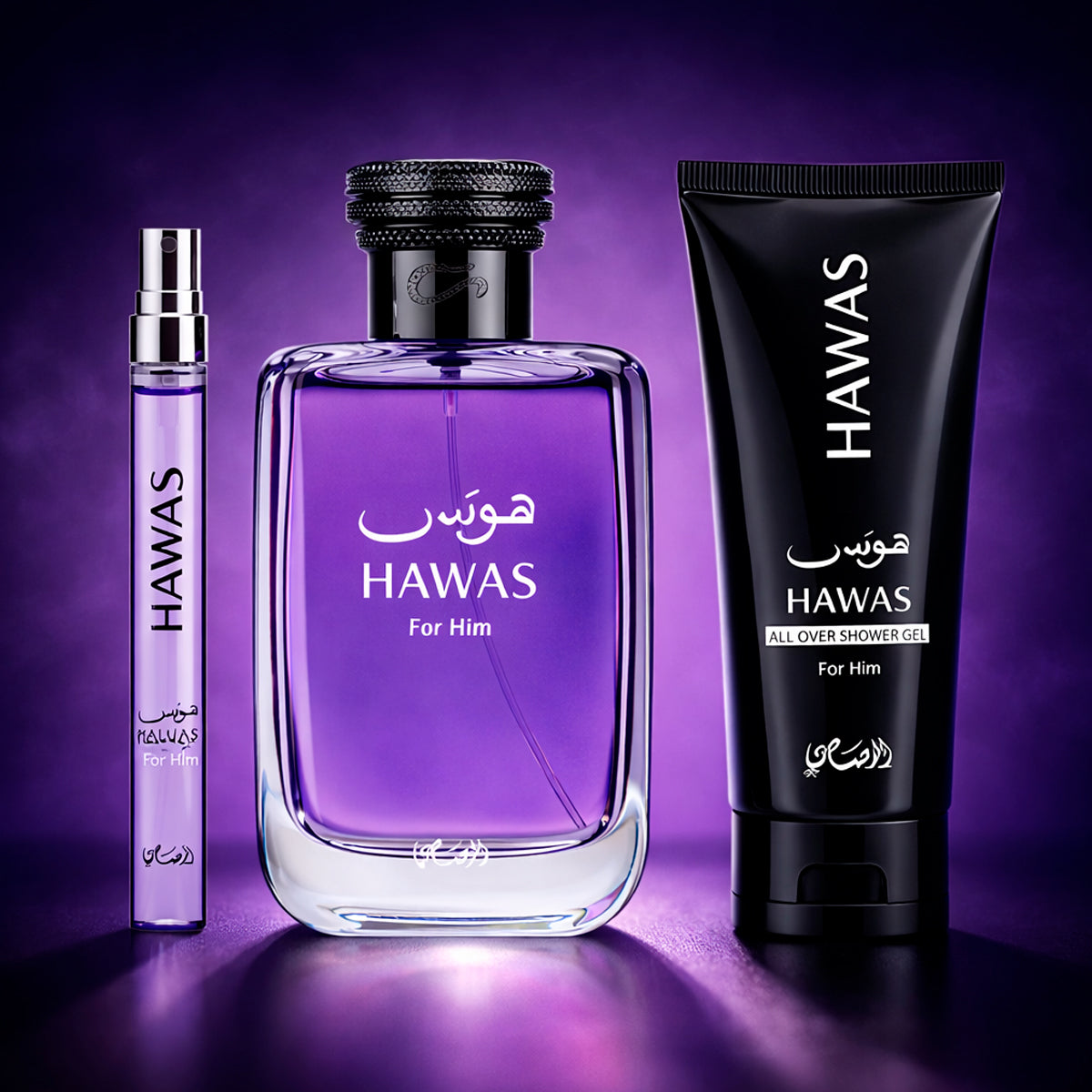 Rasasi Hawas Eau de Parfum 3.4oz + Shower Gel 2oz + Eau de Parfum 0.33oz Gift Set For Men