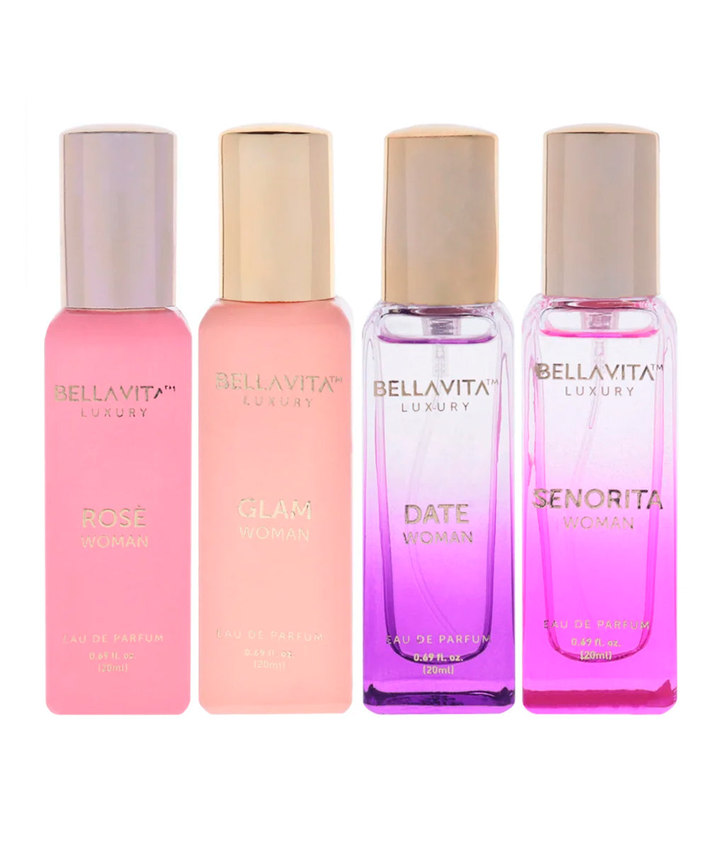 Bellavita Luxury Rose Eau de Parfum 0.68oz + Glam Eau de Parfum 0.68oz + Date Eau de Parfum 0.68oz + Senorita Eau de Parfum 0.68oz Gift Set For Woman