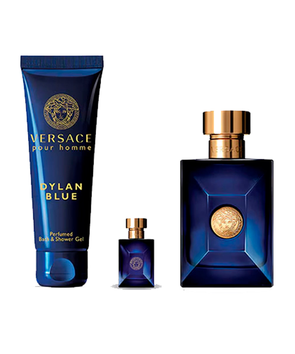 Gianni Versace Dylan Blue Eau De Toilette 3.4oz + Eau De Toilette 0.17oz + Shower Gel 5oz Gift Set For Men