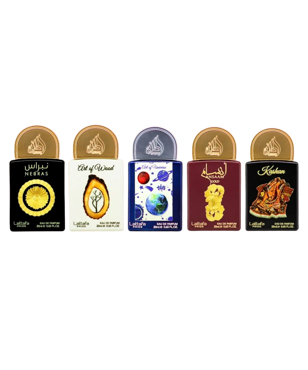 Lattafa Mini Nebras Eau de Parfum 0.68oz + Art of Wood Eau de Parfum 0.68oz + Art of Universe Eau de Parfum 0.68oz + Ansaam Gold Eau de Parfum 0.68oz + Kashan Eau de Parfum 0.68oz Gift Set For Women