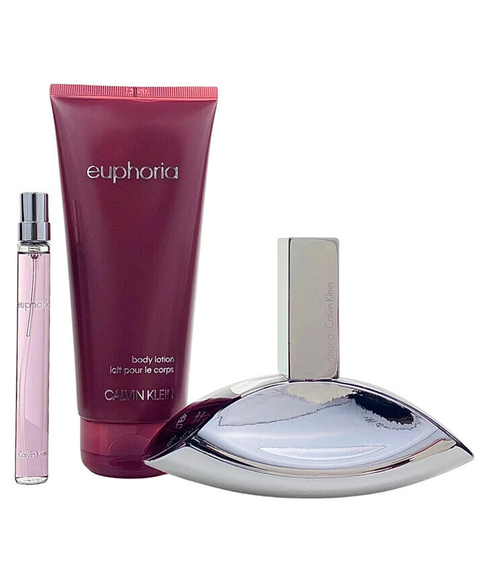 Calvin Klein Euphoria Eau de Parfum 3.3oz + Travel Bottle 0.33oz + Body Lotion 6.7oz Gift Set for Women