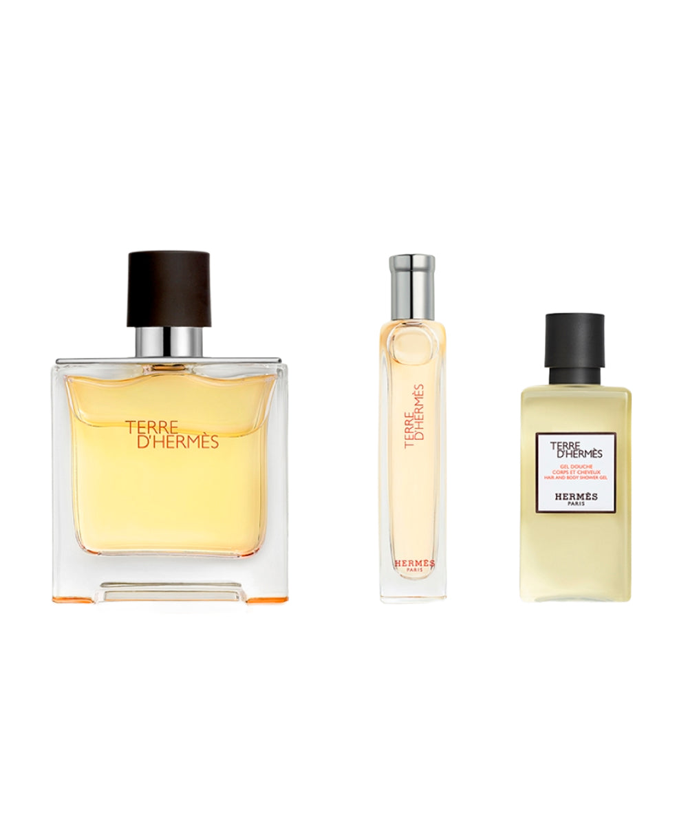 Hermes Terre D'Hermes Pure Parfum 2.5oz + Mini 0.5oz + Shower Gel 1.35oz Gift Set For Men