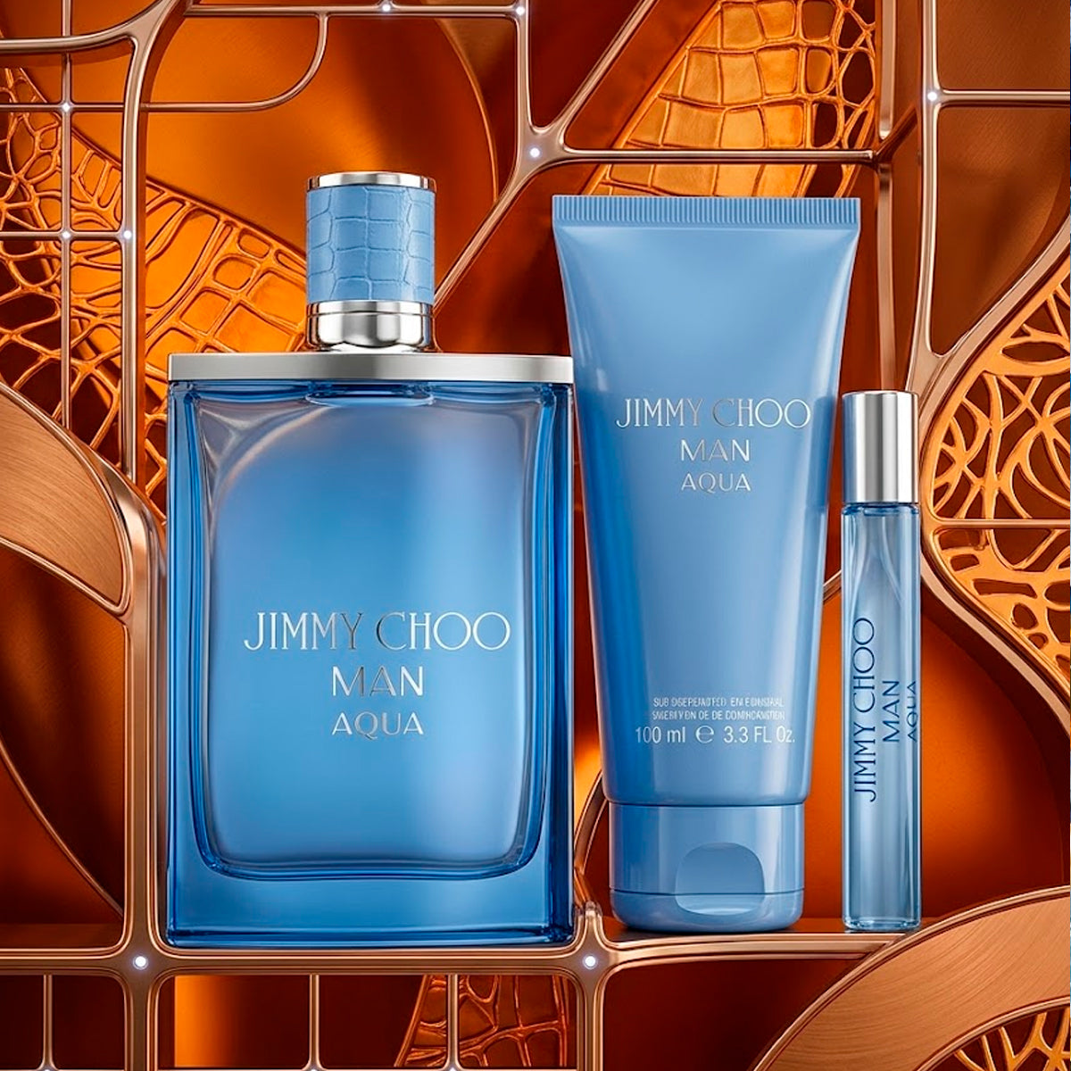 Jimmy Choo Man Aqua Eau De Toilette 3.3oz + Shower Gel 3.3oz + Eau De Toilette 0.25oz Gift Set For Men