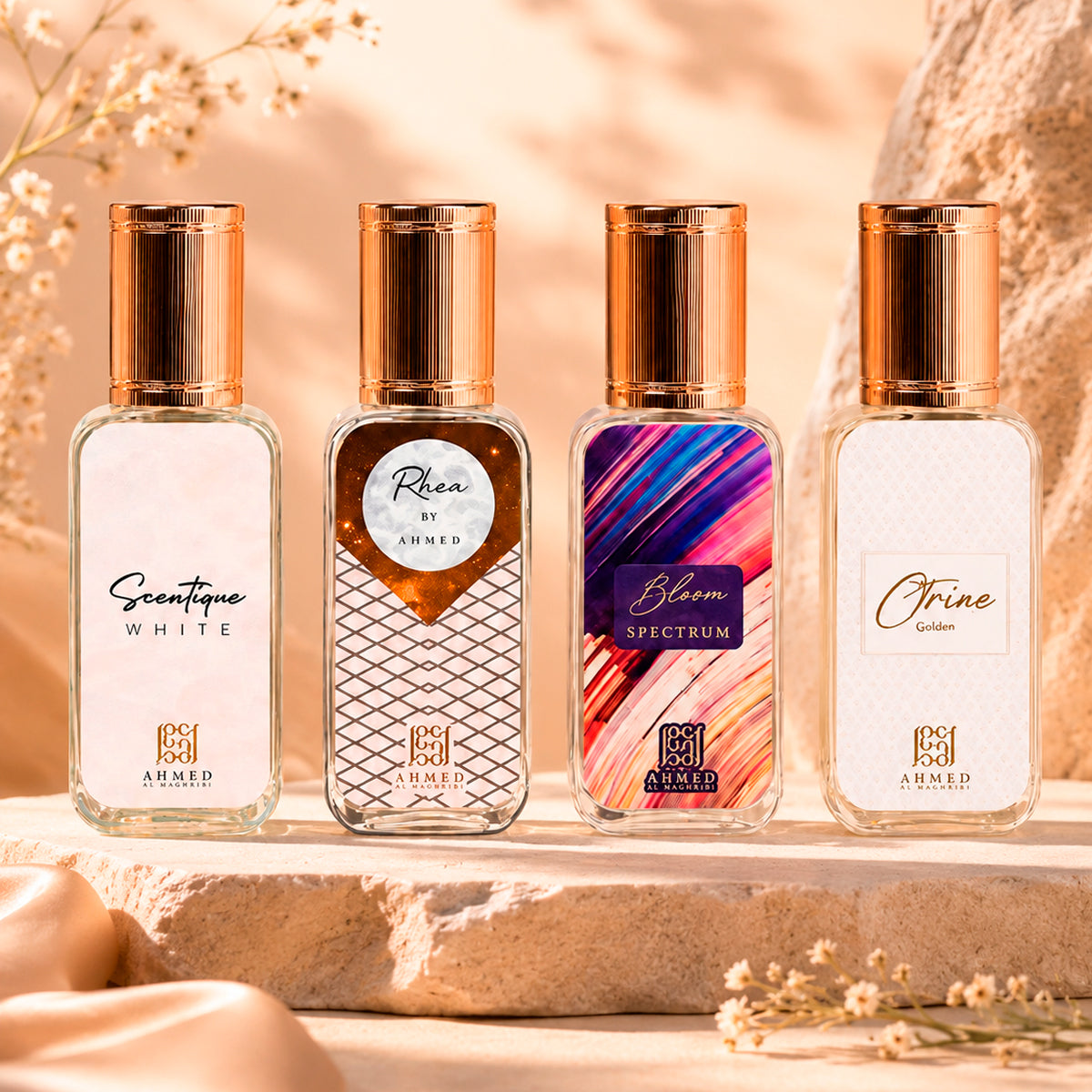 Ahmed Al Maghribi Miami Sunset Luxe Scentique White Eau de Parfum 0.5oz + Rhea by Ahmed Eau de Parfum 0.5oz + Bloom Spectrum Eau de Parfum 0.5oz + Citrine Eau de Parfum 0.5oz Gift Set Unisex